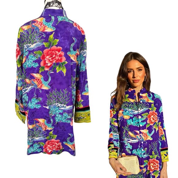 90'S VTG. RARE CHICOS DESIGN 100% SILK FAR EASTERN AESTHETIC TUNIC DRESS L/XL - Picture 5 of 7